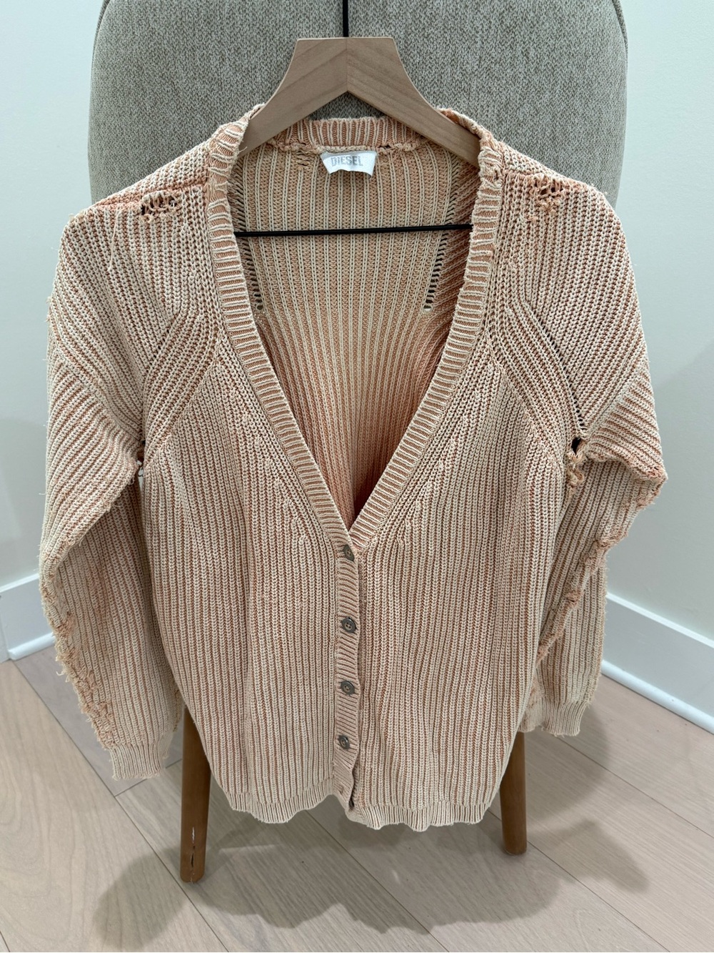 Diesel Distressed Knit Cotton Cardigan Sweater Peach Pink Size S